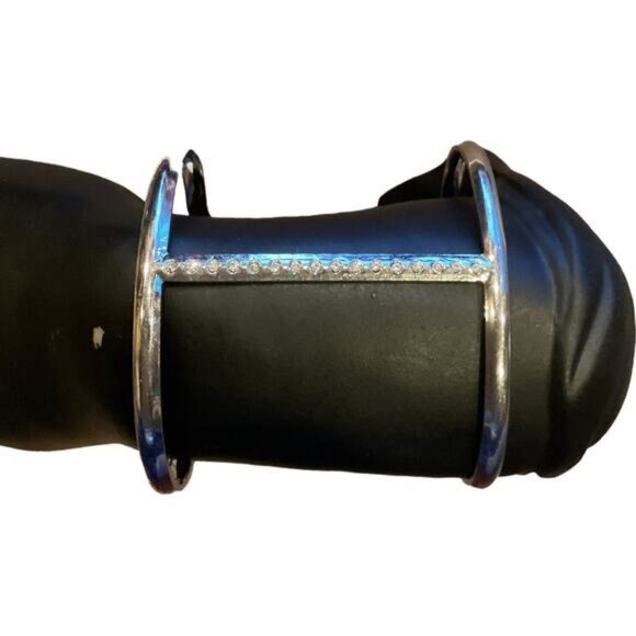Silver Tone Rhinestone Cuff Bracelet With Open Design & Double Bar Detailing - Picture 7 of 7